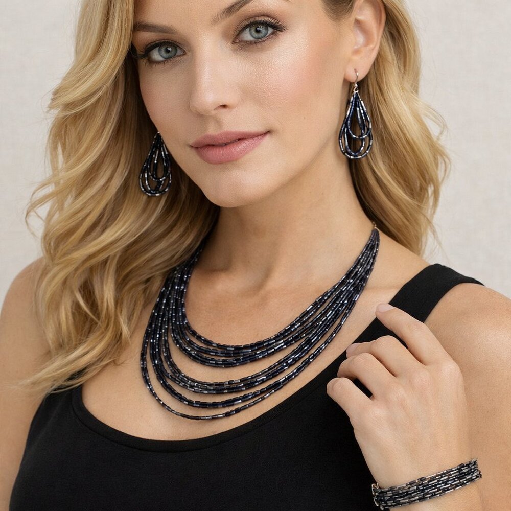 Navy Multi-Strand Beaded Necklace Bracelet & Earring Set - Picture 1 of 12